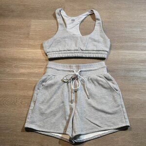 ALO Yoga High Waist East Sweat Shorts And Bra Set Women's Size XS Gray